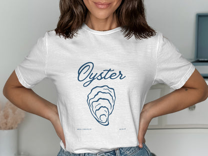 White t-shirt with a blue oyster graphic and "Oyster" text.