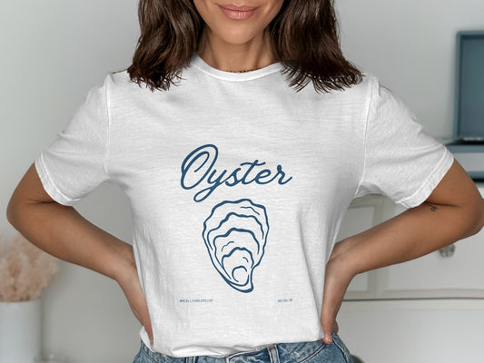 White t-shirt with a blue oyster graphic and "Oyster" text.