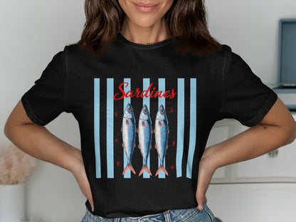 Black t-shirt with three stylized sardines on a blue striped background.