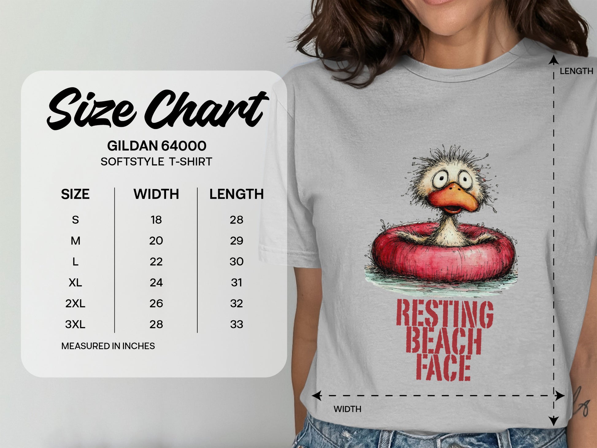 Gildan 64000 Softstyle T-Shirt size chart with duck graphic.