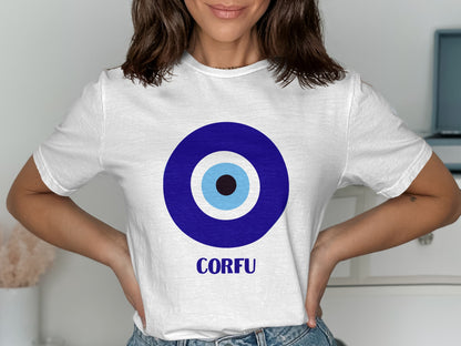 White t-shirt with blue and black evil eye design and "CORFU" text.