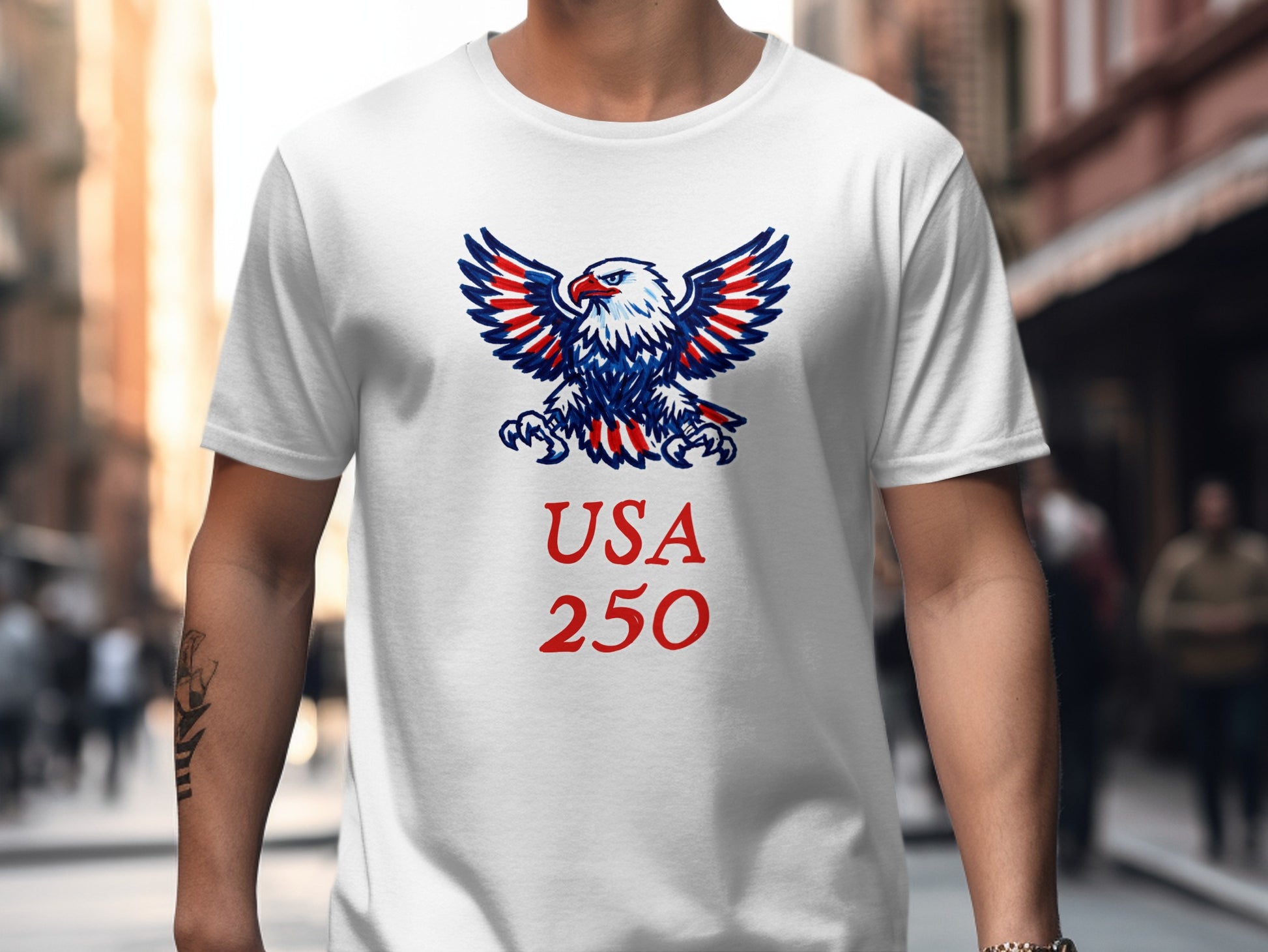 White t-shirt with red, white, and blue eagle and "USA 250" text.