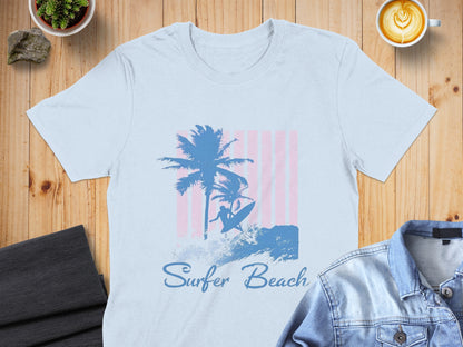 Light blue t-shirt with "Surfer Beach" and a palm tree and surfer graphic.