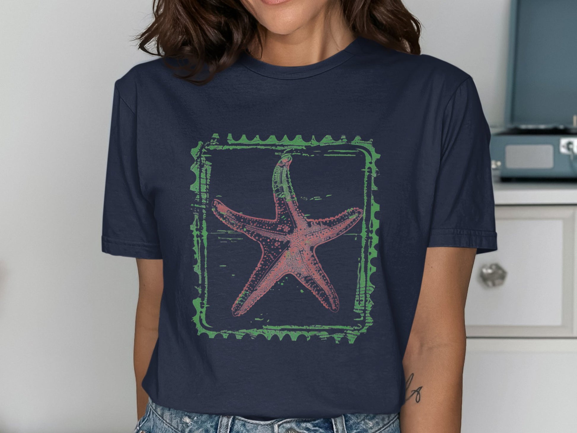 Starfish Design Navy Blue Printed T-Shirt product