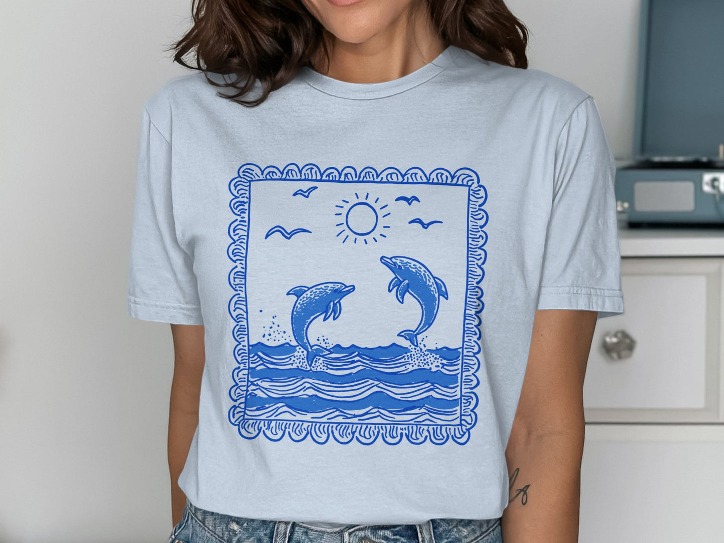 Beautiful Dolphin Print Light Blue Graphic T-shirt product