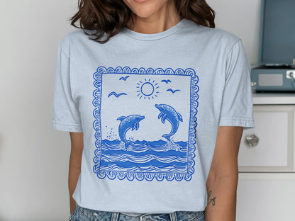 Beautiful Dolphin Print Light Blue Graphic T-shirt product