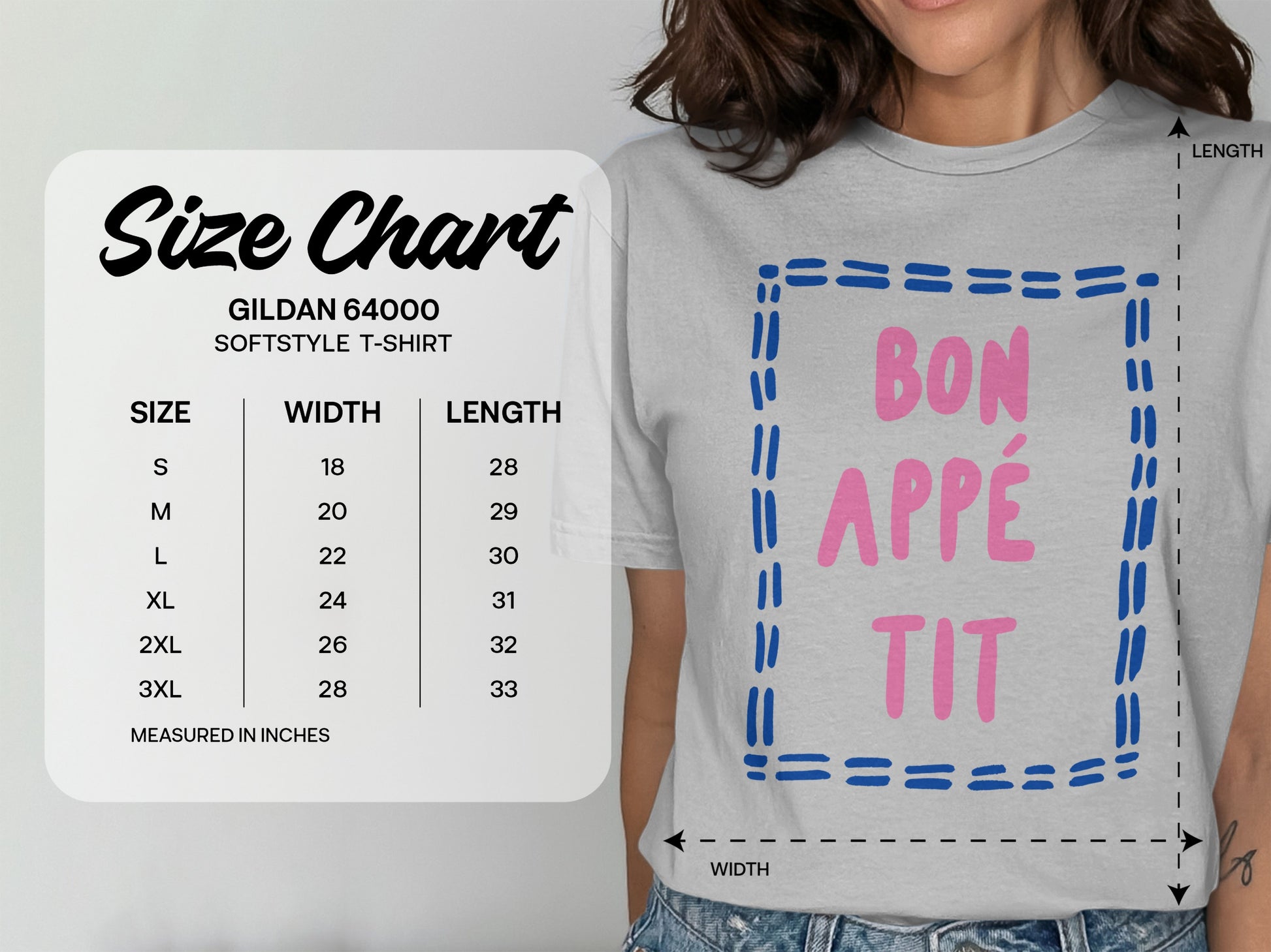 Gildan 64000 t-shirt size chart and "Bon Appétit" graphic.