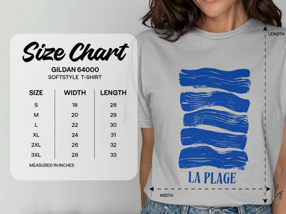 Gildan 64000 Softstyle T-shirt size chart with dimensions for width and length.