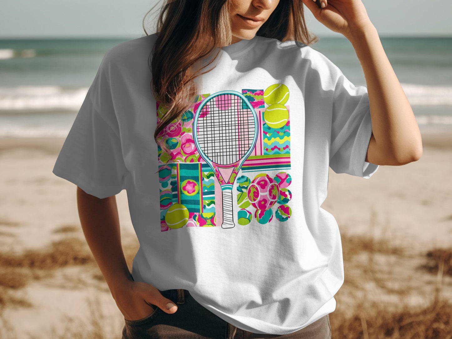 Colorful Tennis Racket and Balls Graphic T-Shirt