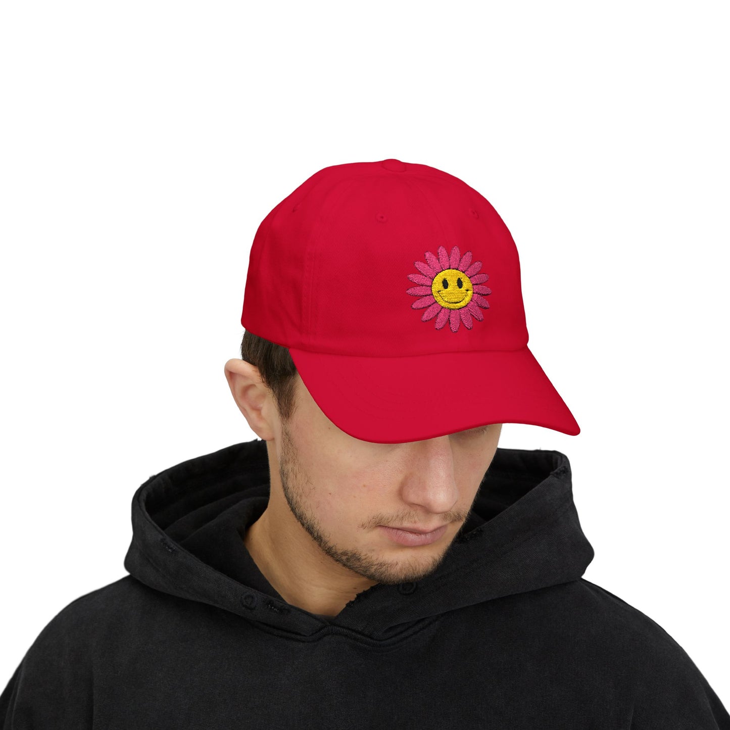 Smiley Daisy Dad Cap Embroidered Pink Flower Hat