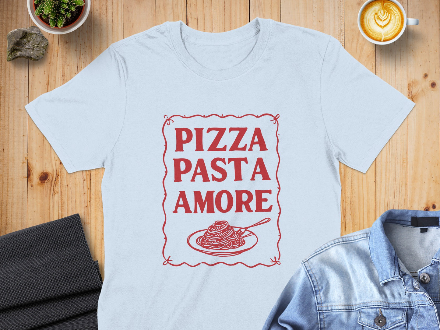 White t-shirt with "Pizza Pasta Amore" text and spaghetti illustration.