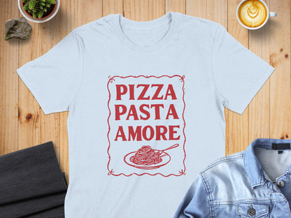 White t-shirt with "Pizza Pasta Amore" text and spaghetti illustration.