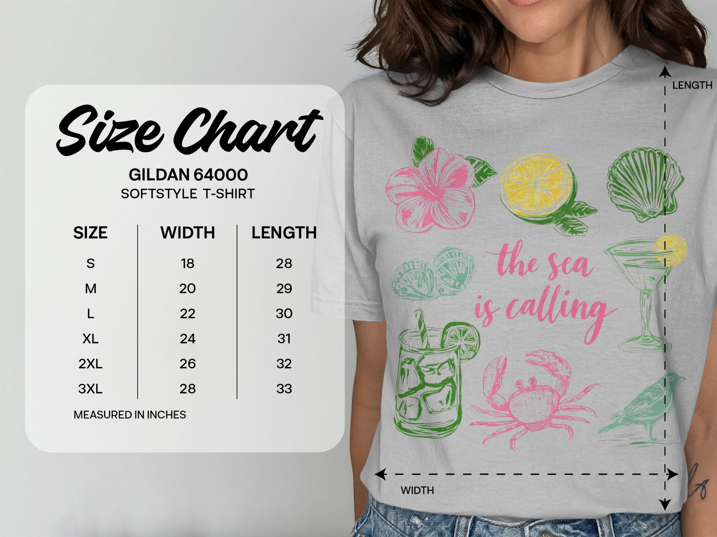 Gildan 64000 softstyle t-shirt size chart with measurements in inches.