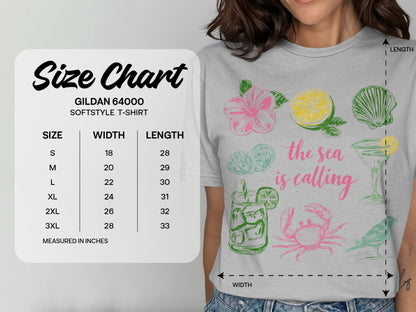 Gildan 64000 softstyle t-shirt size chart with measurements in inches.