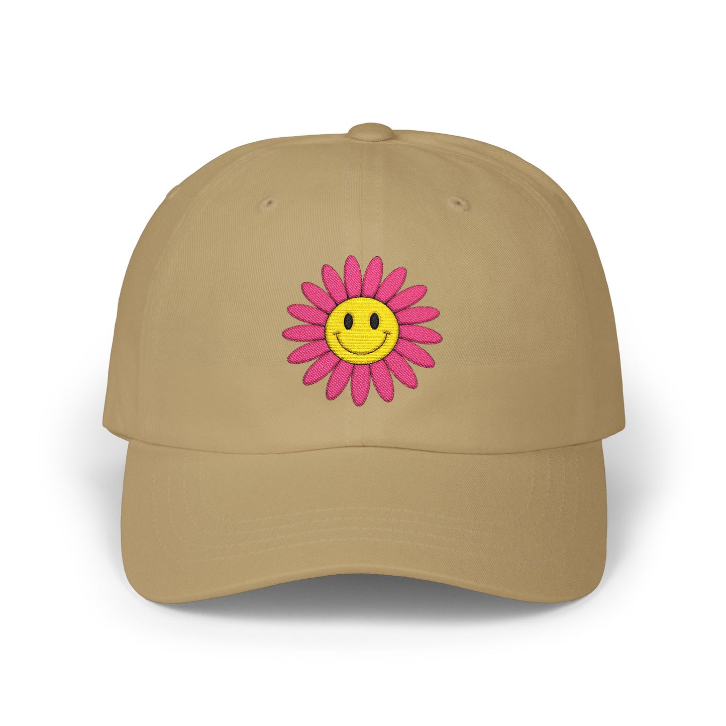 Smiley Daisy Dad Cap Embroidered Pink Flower Hat