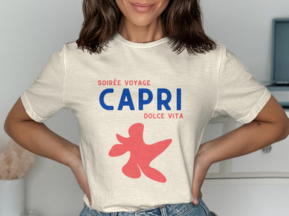 Cream t-shirt with "Soirée Voyage Capri Dolce Vita" text and red abstract graphic.