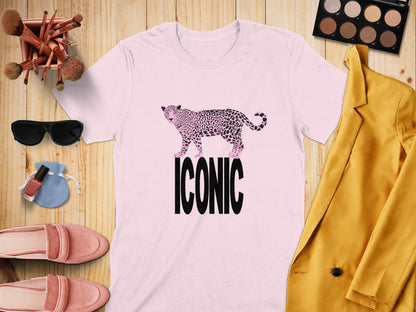 Pink t-shirt with leopard print cheetah graphic and "ICONIC" text.