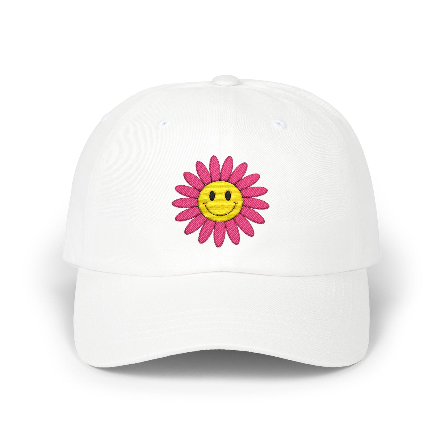 Smiley Daisy Dad Cap Embroidered Pink Flower Hat