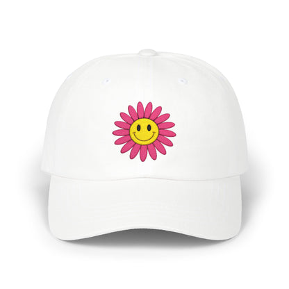 Smiley Daisy Dad Cap Embroidered Pink Flower Hat