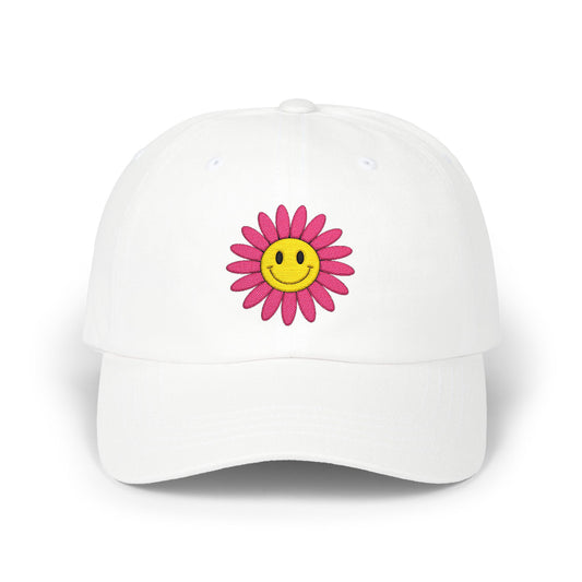 Smiley Daisy Dad Cap Embroidered Pink Flower Hat
