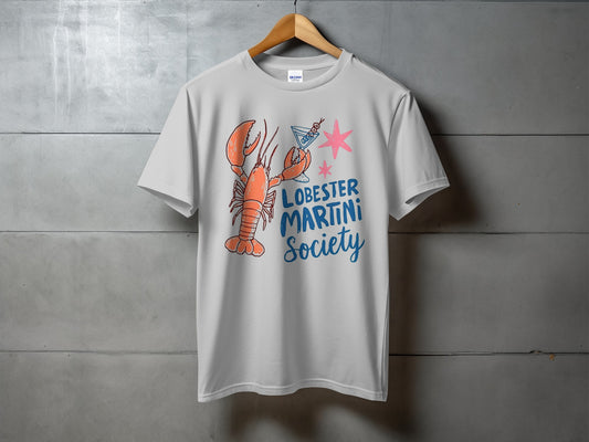 Light gray t-shirt with lobster and martini glass graphic and "Lobster Martini Society" text.