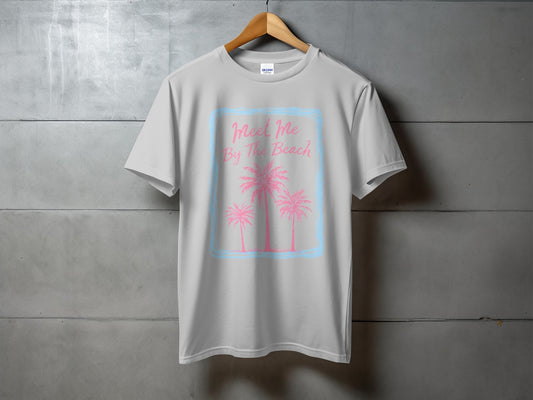 Light grey t-shirt with pink palm trees and text "Meet Me By The Beach".