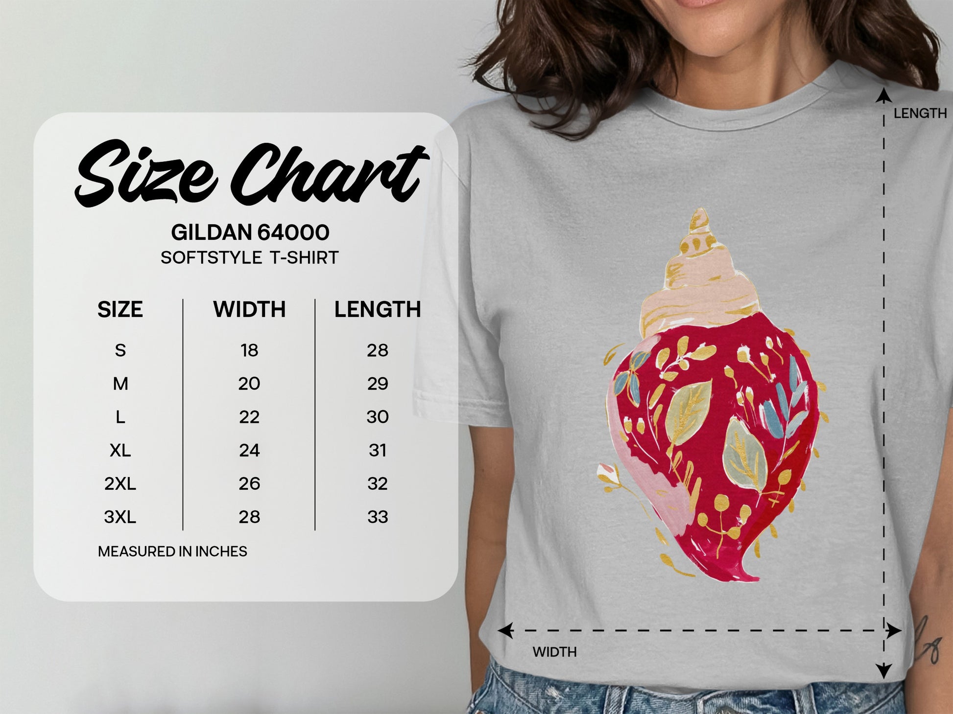 Gildan 64000 Softstyle T-shirt size chart with measurements in inches.