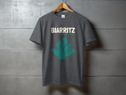 Dark gray t-shirt with "BIARRITZ" and turquoise leaf design.