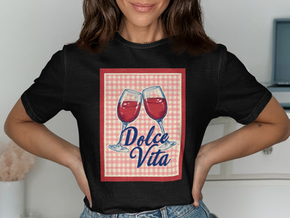 Black t-shirt with red and white checkered box featuring two wine glasses and "Dolce Vita" text.