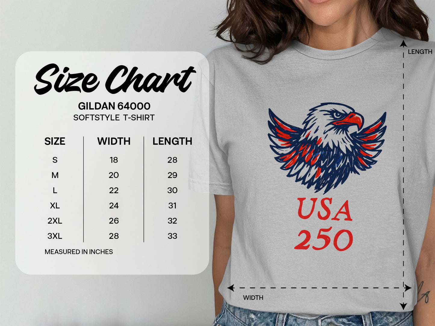Gildan 64000 softstyle t-shirt size chart with USA 250 graphic.