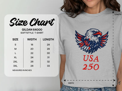 Gildan 64000 softstyle t-shirt size chart with USA 250 graphic.