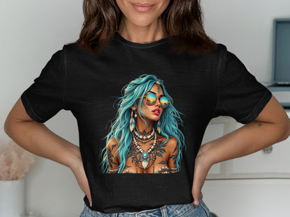 Stylish Black Tee with Vibrant Tattooed Woman T-shirt