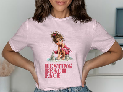 Illustration of a girl building a sandcastle with "RESTING BEACH FACE" text.