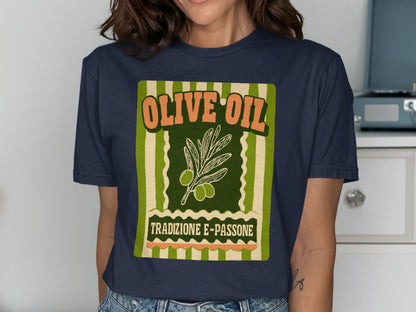 Navy t-shirt featuring "OLIVE OIL" text and olive branch design.