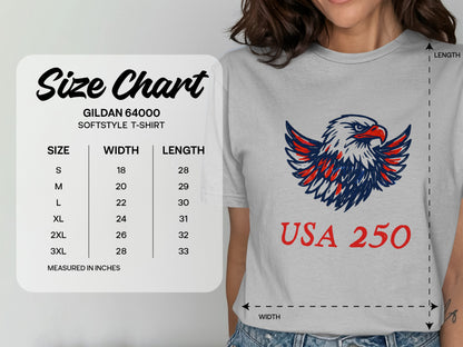 Gildan 64000 softstyle t-shirt size chart with width and length measurements.