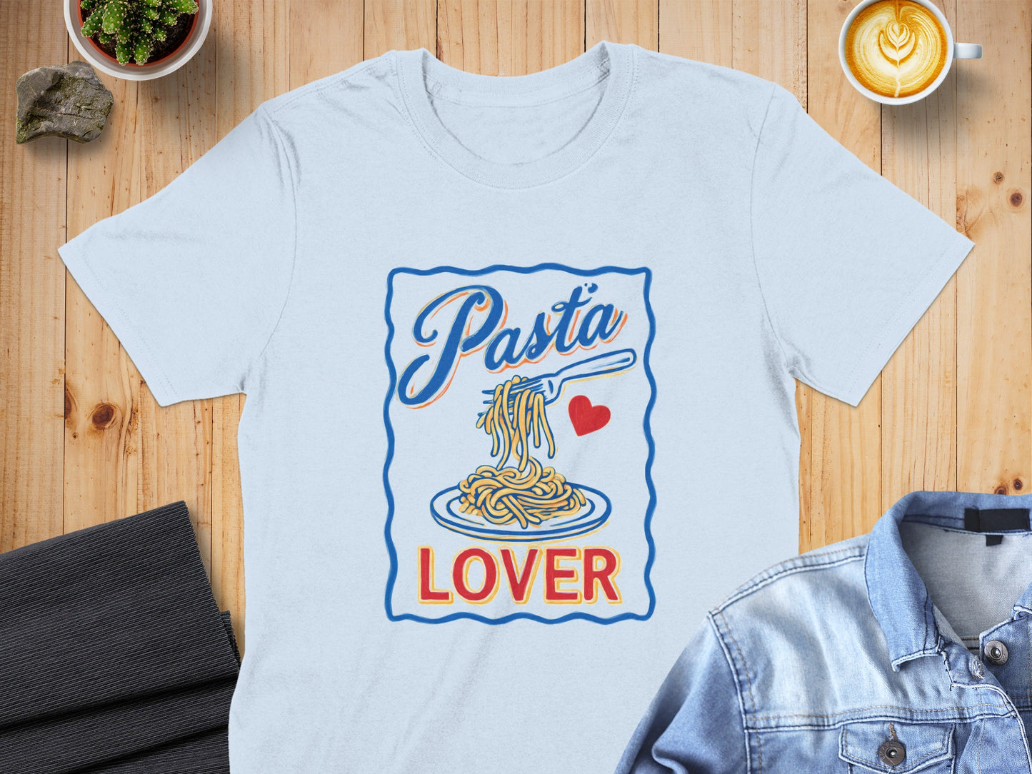 Light blue t-shirt with "Pasta Lover" and spaghetti illustration.
