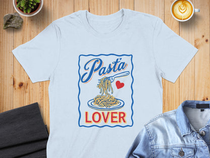 Light blue t-shirt with "Pasta Lover" and spaghetti illustration.