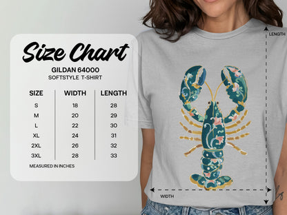 Gildan 64000 Softstyle T-Shirt size chart showing measurements in inches.