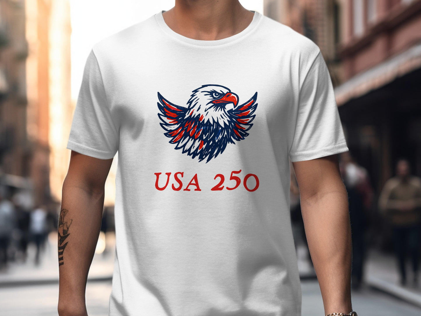 White t-shirt with red, white, and blue eagle and "USA 250" text.