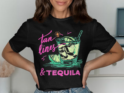 Black t-shirt with "tan lines & tequila" text and a lime margarita.