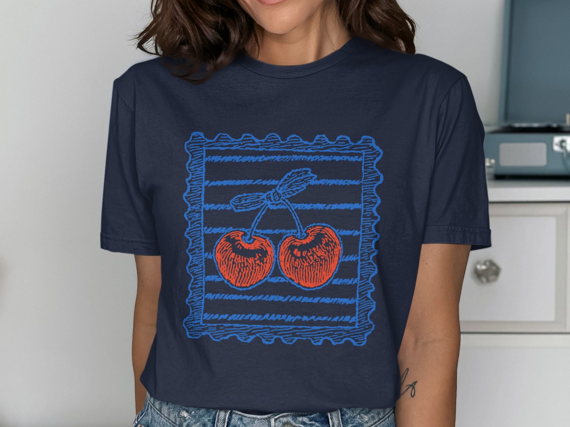 Cherry Stamp Graphic Navy Blue T-Shirt product type