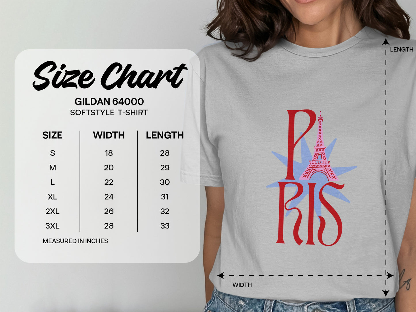 Gildan 64000 Softstyle T-shirt size chart with measurements in inches.