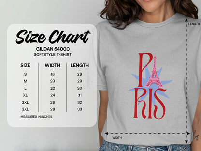 Gildan 64000 Softstyle T-shirt size chart with measurements in inches.