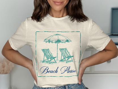 Cream t-shirt with beach chairs and umbrella graphic, "Beach Please" text.