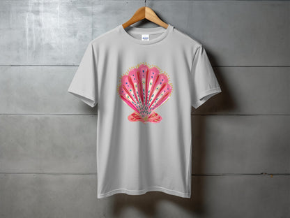 White t-shirt with a pink and gold scallop shell design.