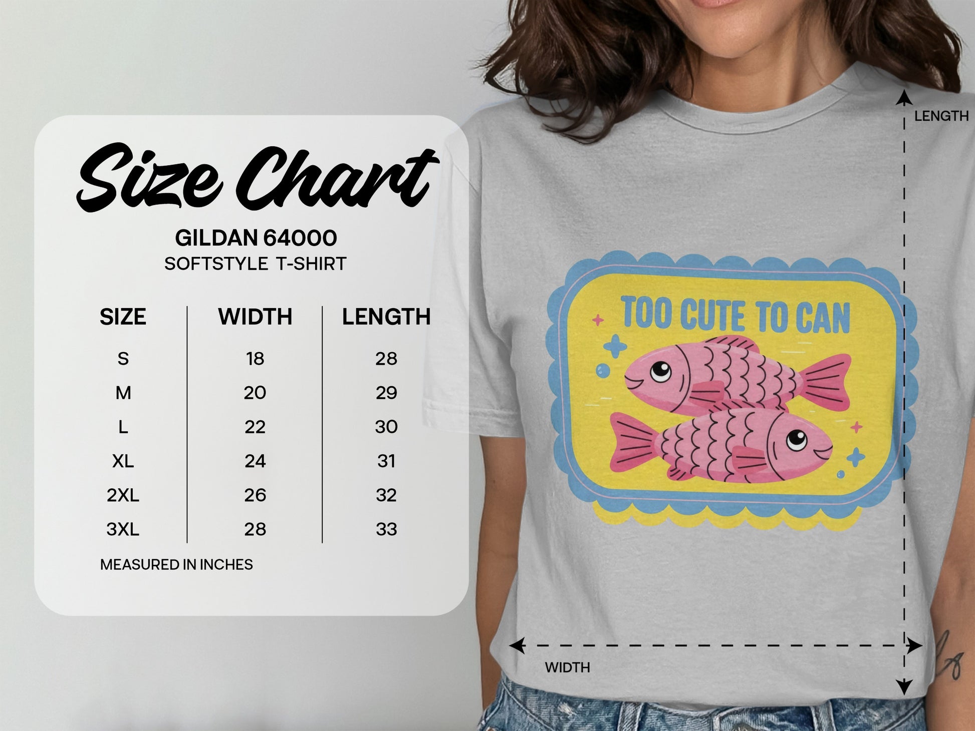 Gildan 64000 size chart for t-shirts with measurements.