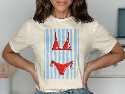 Red bikini top and bottoms with blue and white stripes.