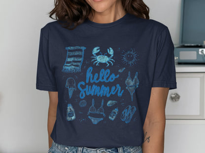 Blue t-shirt with hand-drawn summer beach icons and "Hello Summer" text.