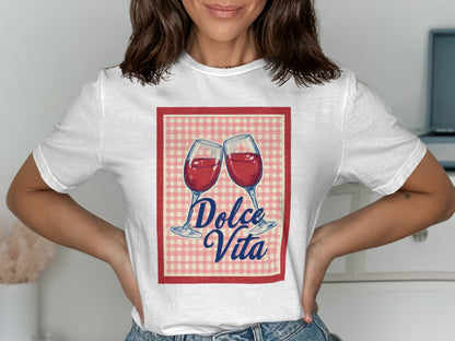 White t-shirt with two glasses of red wine and "Dolce Vita" text.