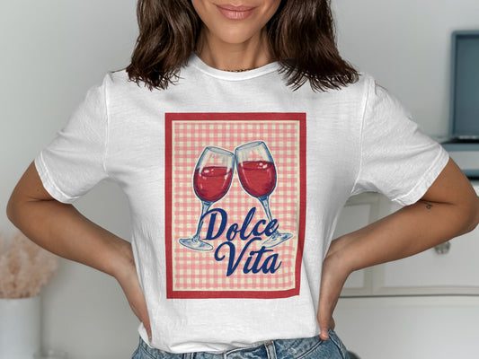 White t-shirt with two glasses of red wine and "Dolce Vita" text.